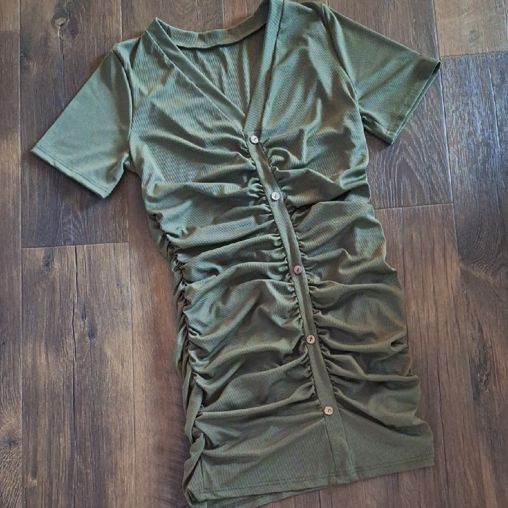 SHEIN Curve Olive Green Ruched V Neck Button-Down Shirt Dress in 1X